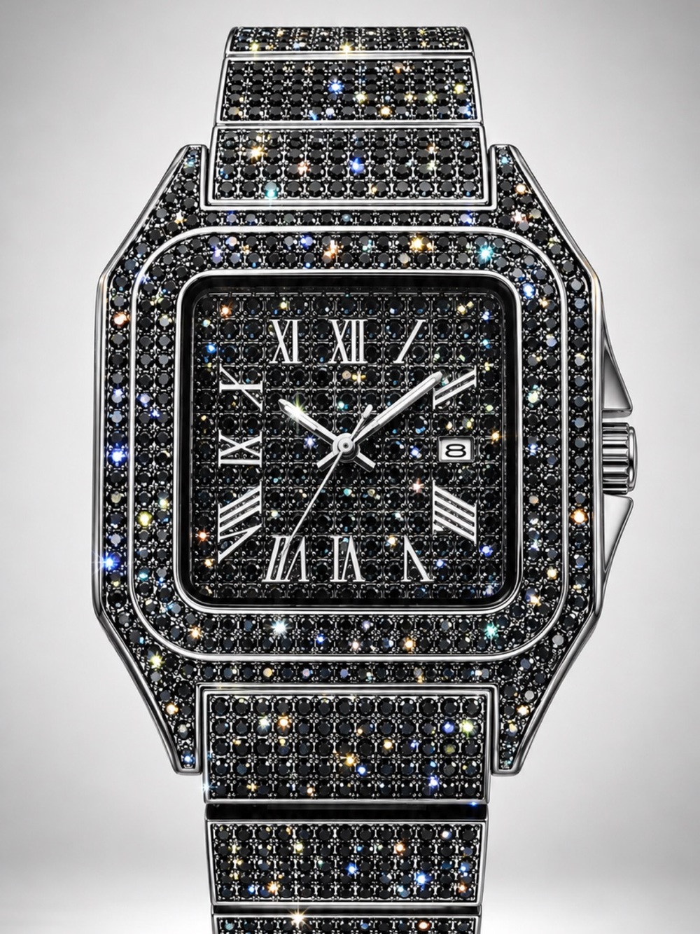 Bust Down Black Diamond Watch Stainless Steel Iced Out VVS Simulated Diamonds